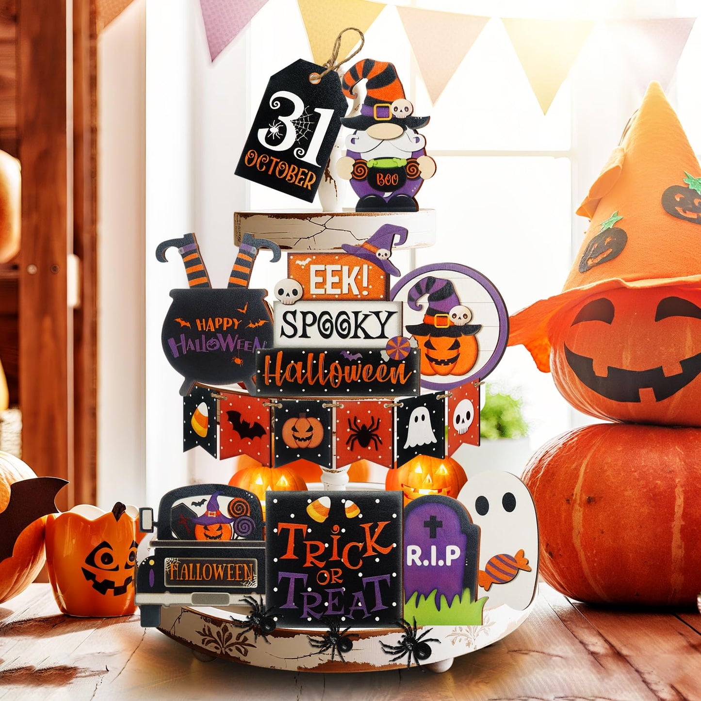 15 Pcs Halloween Tiered Tray Decor Set, Cute Pumpkin Ghost, Halloween Wooden Layered Tray Decorations, in a Rustic Style, Great Items for Party Tables