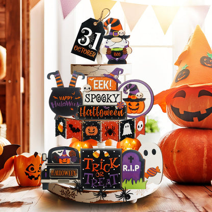 15 Pcs Halloween Tiered Tray Decor Set, Cute Pumpkin Ghost, Halloween Wooden Layered Tray Decorations, in a Rustic Style, Great Items for Party Tables
