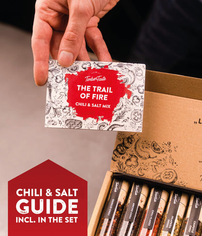 TIMBER TASTE® Salt & Chili Gift Set for Men - 5 Gourmet Sea Salts & 5 Hot Chili Varieties [UP TO 1,200,000 SCOVILLE] | Gift Baskets Men Foodie | Husband Brother Dad Birthday Gift | Day Father