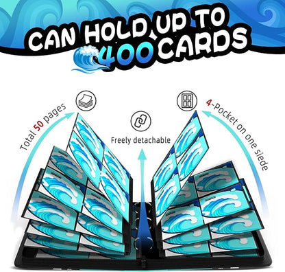 Trading Card Binder 4 Pocket,400 Pocket Card Collection Binder with 50 Removable Sleeves,PU Waterproof Top Card Book,3-Ring Zipper Collectible Trading Card Album for MTG/TCG/Card Holder Gift（Water）