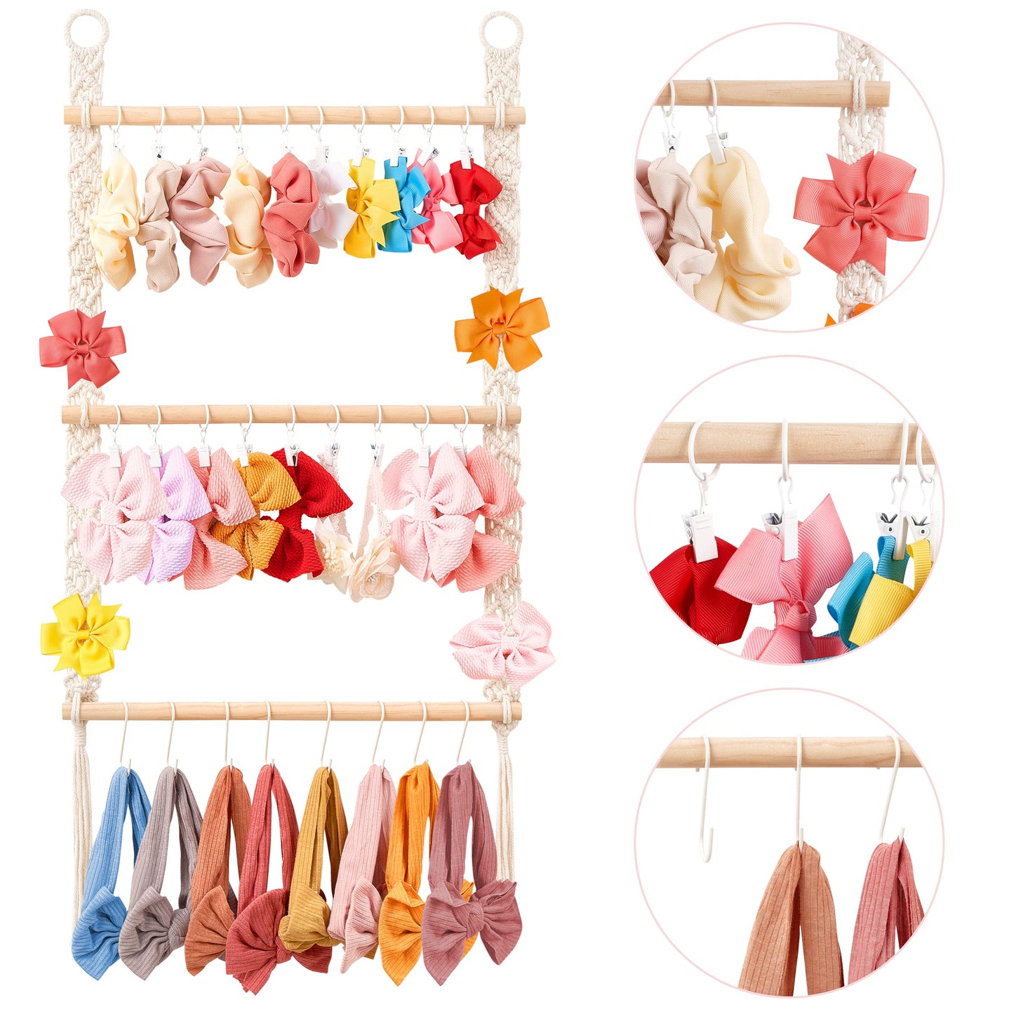 Dahey Hanging Jewelry Organizer Macrame Necklace Holder with 30 Hooks and Headband Holder with 30 Hooks Boho Decor for Baby Girls Room