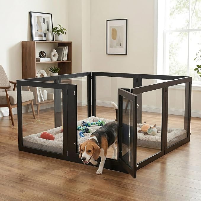 Heavy Duty Clear Acrylic Dog Playpen for Small/Medium Pets – 32" High Clear Pet Pen with Sturdy Metal Frame (Black, 2 Extended Panels)
