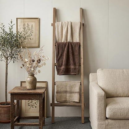 Blanket Ladder Pre Assembled 76in Wooden Ladder Shelf Living Room Bathroom Bedroom Decorative Wall Leaning Farmhouse Quilt Display Holder Rustic Towel Rack (Brown, 57in（5-Tier）)