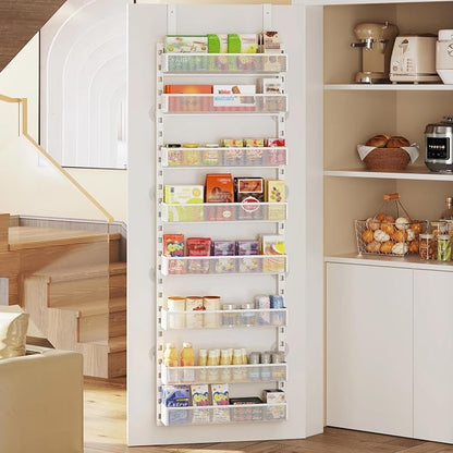 Over the Door Pantry Organizer, 8-Tier Over the Door Spice Rack with Adjustable Baskets, Wall-Mounted or Hanging Shelves for Kitchen, Laundry Room, Bathroom(White, 19.3"W x 5.2"D x 72.6"H)