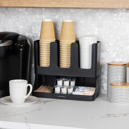 Mind Reader Condiment Station, 13 Inch Countertop Coffee Bar Organizer with 6 Compartments, Storage Caddy for Cups, Lids and Packets, Plastic, Black