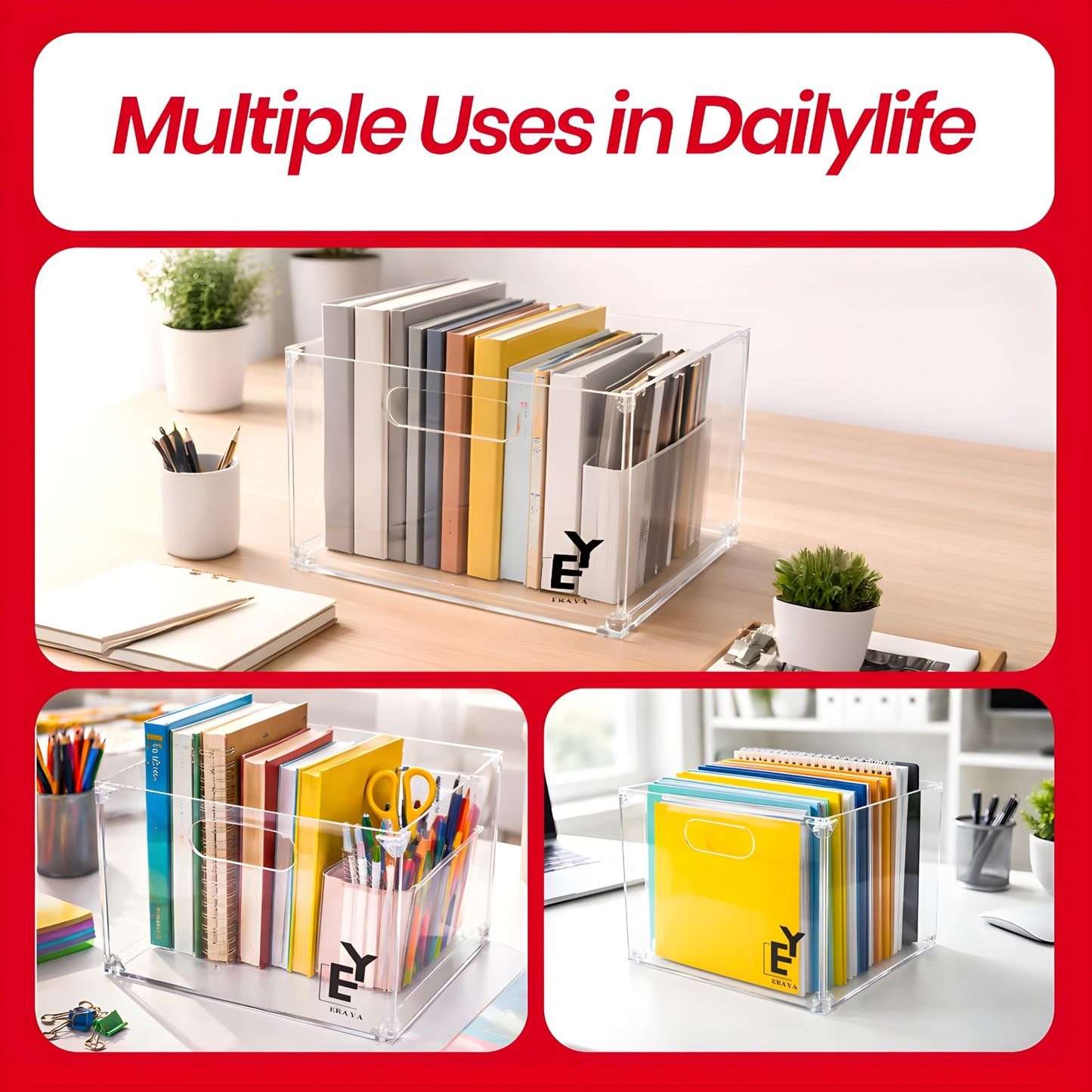 ERAYA Clear Acrylic File Organizer with Handles, Portable Hanging File Box for Letter/A4 Documents 8.5"x11", Sleek Desktop Storage for Office, Home, Study, Magazines, Notebooks, and School Supplies