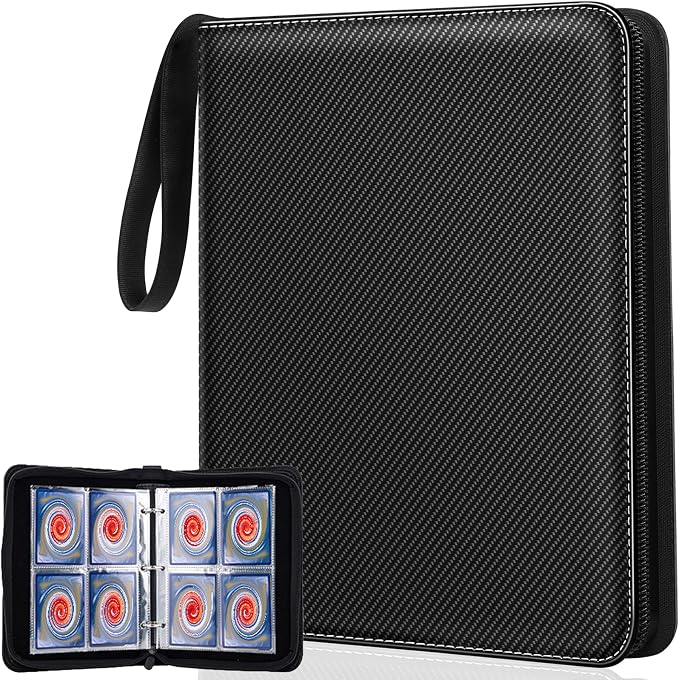 Jravkfi Card Binder 4 Pocket with 50 Removable Sleeves-Can Hold 400 Cards,3-Ring Zipper Sports Book, Ideal for All Card Collectors（Black）