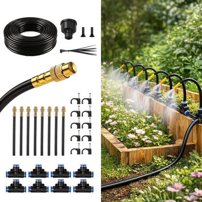 50FT Drip Irrigation Kit, 360° Adjustable Garden Watering System with 1/4" Tubing, Brass Misting Nozzles, DIY Irrigation System for Plants, Raised Beds, Greenhouse
