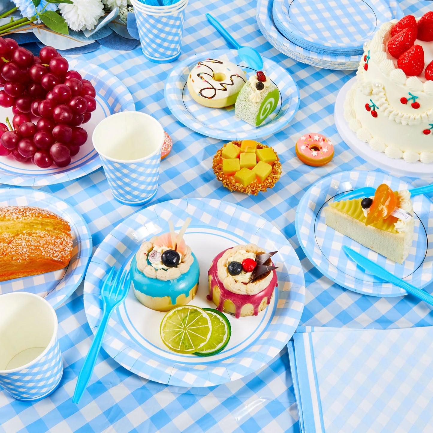 Preboun 198 Pcs Gingham Party Supplies for 24 Guests Checkered Plaid Tablecloth Pennant Banner Plate Cup Napkin and Cutlery for Picnic BBQ Birthday Baby Shower Party(Light Blue, White)