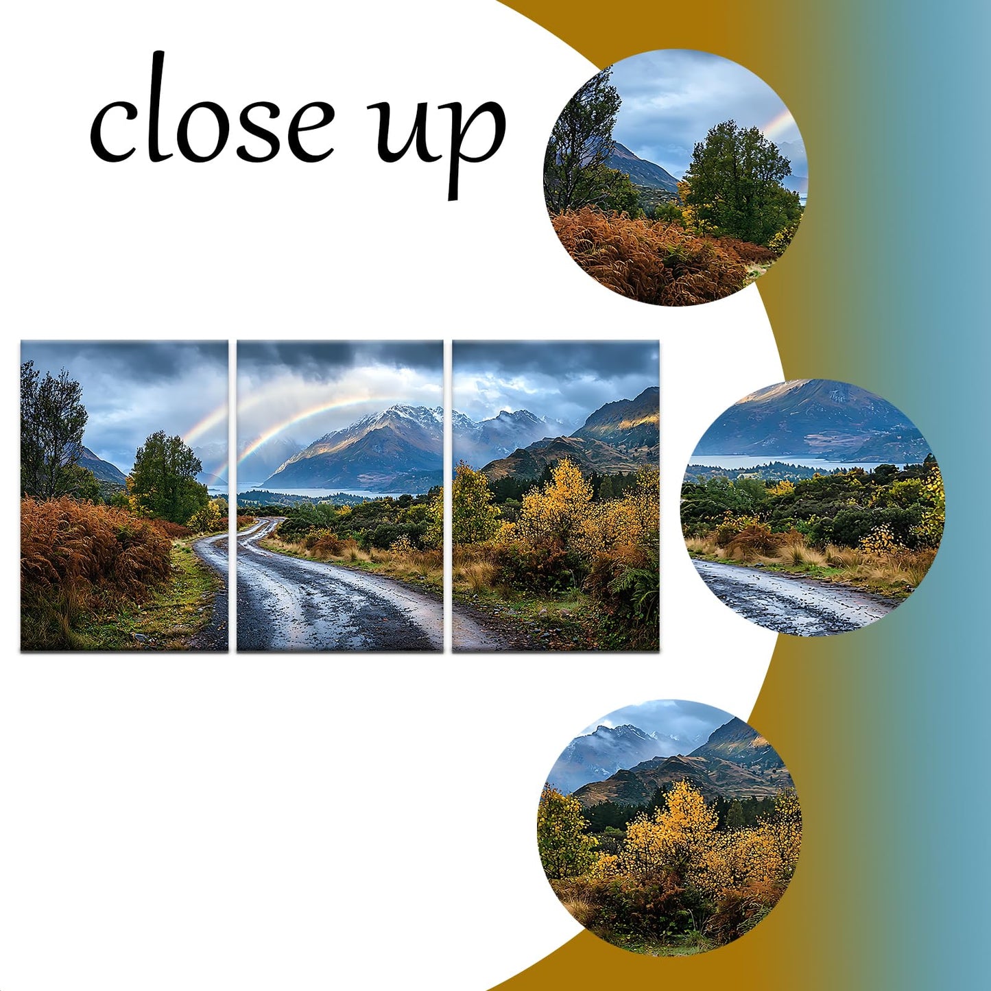 YSPCSUN 3 Panel Landscape Wall Art Mountain Peak Canvas Pictures Vibrant Double Rainbow Nature Painting Framed Scenery Artwork for Dining Room Bedroom Wall Decoration Gifts Idea, 48x24 Inch