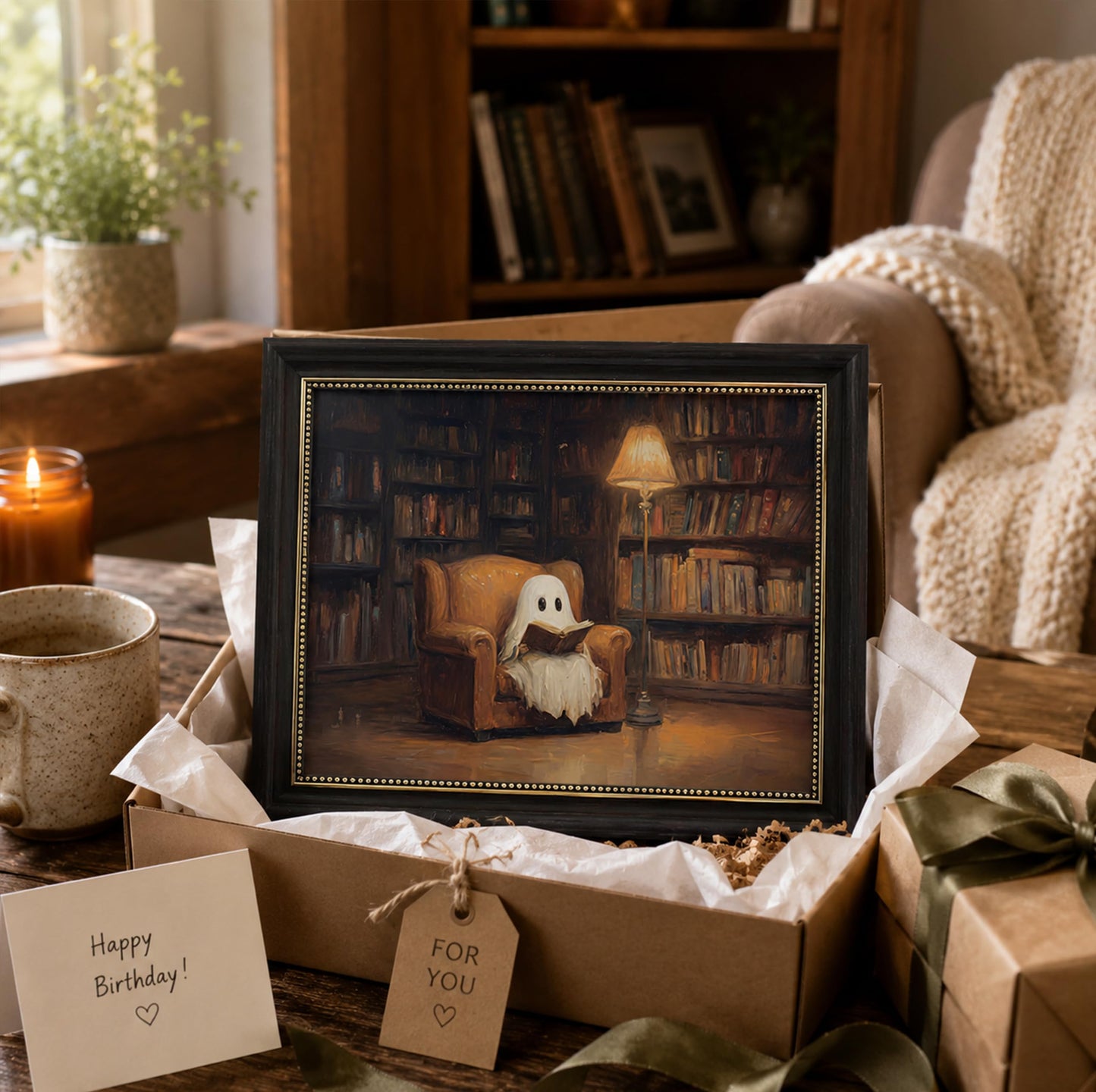 Vbaourut Framed Halloween Ghost Wall Art, Moody Reading Ghost Canvas Painting, Dark Academia Library Poster with Dark Brown Frame and Upgraded Hook and Loop for Study, 9x11 in