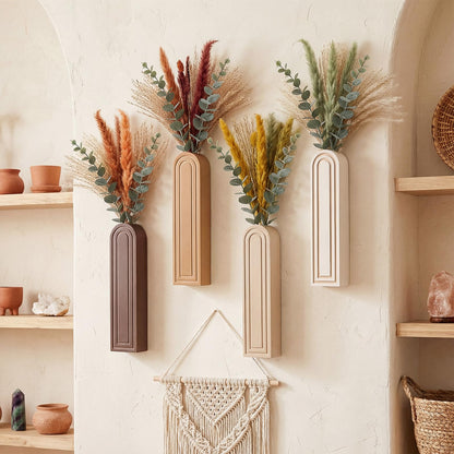 Ferrochef 4 Pack Wooden Wall Vase Set, Boho Hanging Planter Arched Vase Decor, Wood Wall-Mounted Plant and Flower Holders for Modern Farmhouse Bathroom Living Room Entryway Rustic Decor