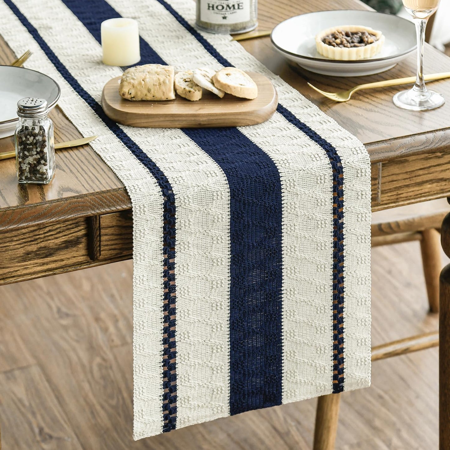 Artoid Mode Dark Blue Farmhouse Woven Rustic Table Runner, Seasonal Holiday Hollow Kitchen Dining Table Decoration for Home Party Decor 12x72 Inch