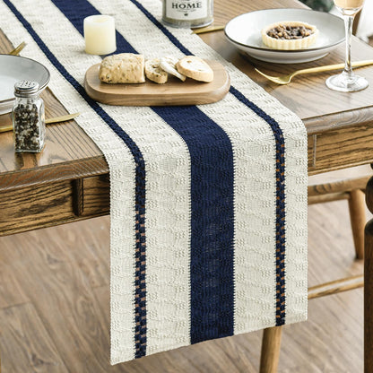 Artoid Mode Dark Blue Farmhouse Woven Rustic Table Runner, Seasonal Holiday Hollow Kitchen Dining Table Decoration for Home Party Decor 12x72 Inch