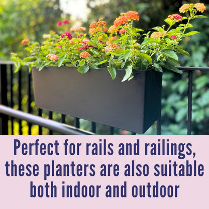 LaLaGreen Deck Railing Planter Boxes (14 Inch, 4 Pack) Self-Watering Window Box Planters with Brackets, Rectangular Hanging Flower Pots for Balcony Fence, Herb Garden Outdoor Black Plastic Planters