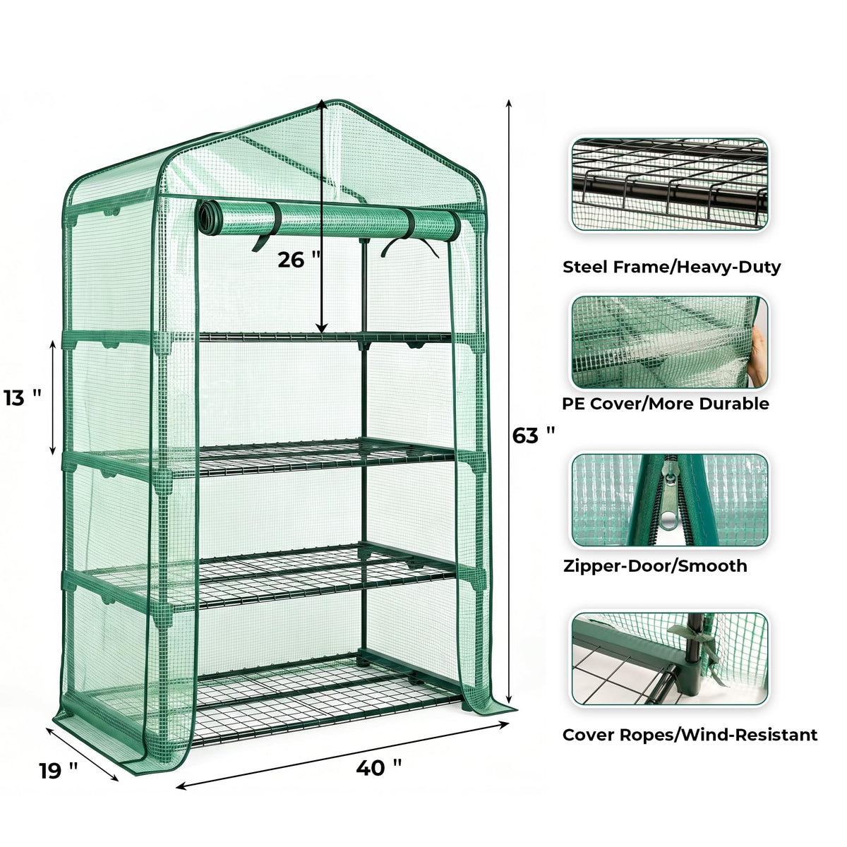 Worth Garden 50% Extra Wide Mini Greenhouse 4 Tier Portable Plant Green House 40in Wide -Sturdy Gardening Shelves with PE Cover & Roll-Up Zipper Door - Indoor & Outdoor Use - 19″W. x 40″L. x63″H.