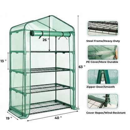 Worth Garden 50% Extra Wide Mini Greenhouse 4 Tier Portable Plant Green House 40in Wide -Sturdy Gardening Shelves with PE Cover & Roll-Up Zipper Door - Indoor & Outdoor Use - 19″W. x 40″L. x63″H.