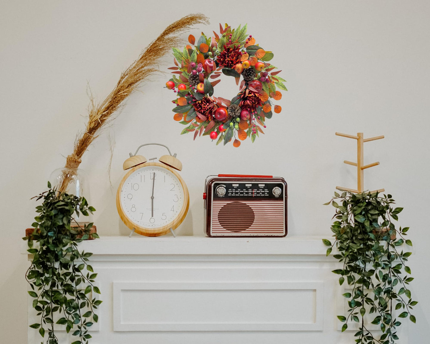 Svndlyn 22 Inch Fall Chrysanthemum Wreath Harvest Floral Wreath with Apples Pinecones Berries and Eucalyptus Maple Leaves for Fall Thanksgiving Halloween Mantel Table Outdoor Front Door Wall Window