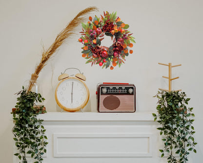 Svndlyn 22 Inch Fall Chrysanthemum Wreath Harvest Floral Wreath with Apples Pinecones Berries and Eucalyptus Maple Leaves for Fall Thanksgiving Halloween Mantel Table Outdoor Front Door Wall Window