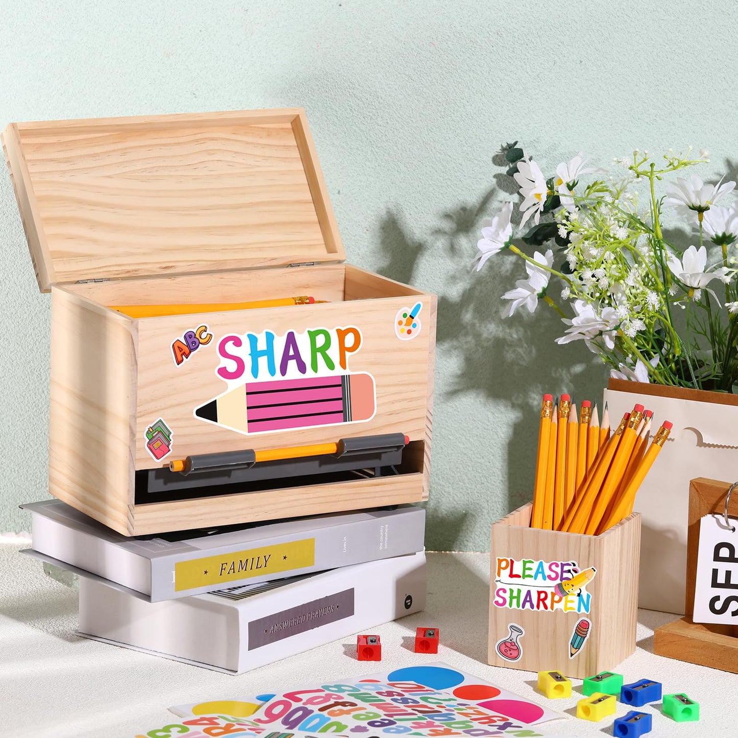Watersay 108 Pcs Pencil Dispenser Kit for Classroom Wooden Sharp and Dull Pencil Holder 50 Pencils 50 Sharpener 6 Sticker Classroom Teacher Must Have Straw Dispenser for Back to School(Wood Color)