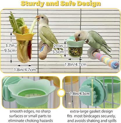 2Pcs Bird Cage Feeder for Vegetable & Water/Pellets, Parrot Veggies Holder with Water-Storage Design to Keep Greens Fresh, No Mess Hanging Bird Feeding Bowls, Separate Design for Balanced Nutrition