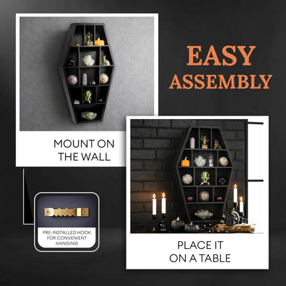 Gothic Curiosities Curio Coffin Shelf - Wooden Goth Decor for Display or Storage of Shot Glasses, Mini Figures, Rocks, and More - 17 by 9.75 by 2.75 Inches
