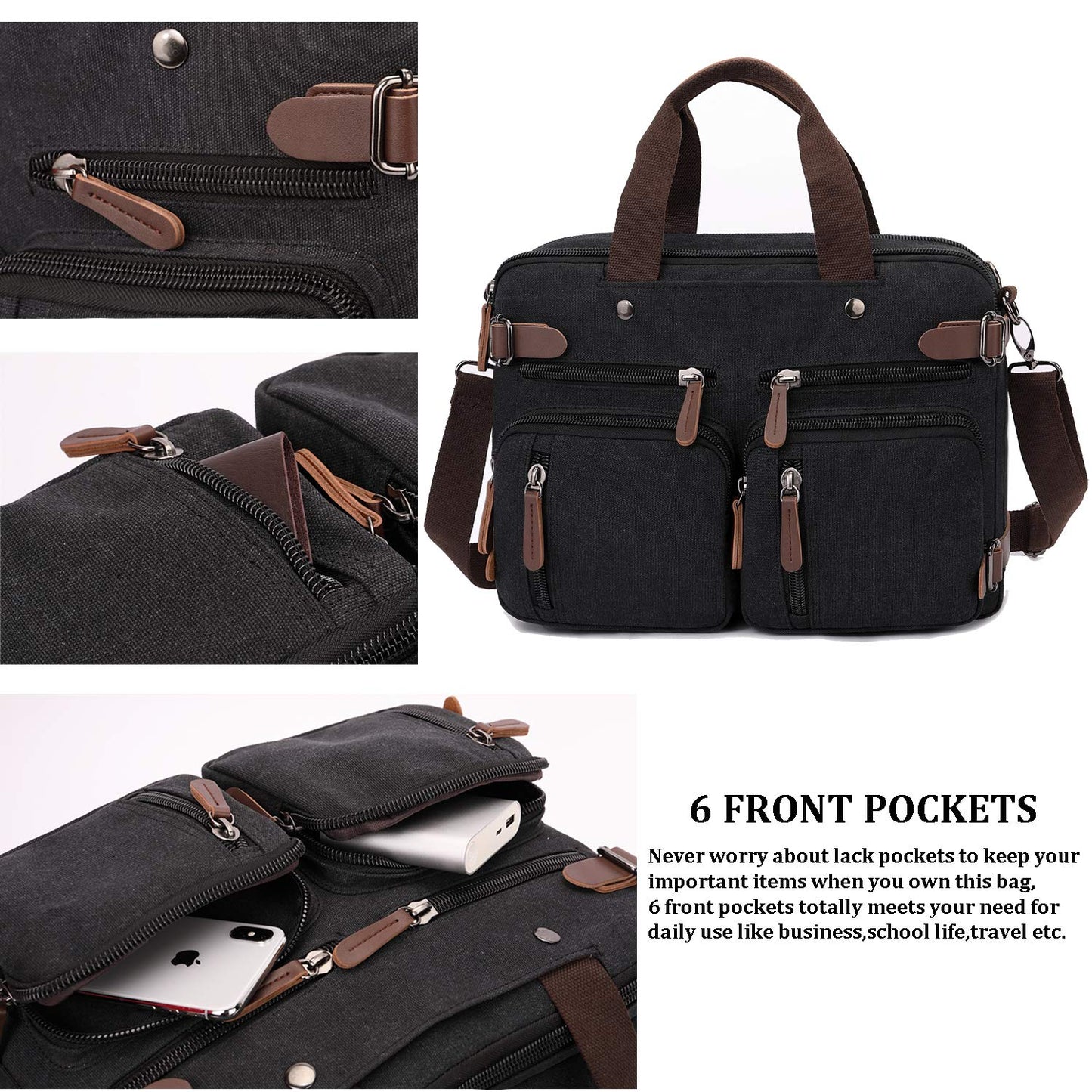 CROCOD 3 In 1 Canvas Convertible Laptop Bag for Men Women, 17.3 inch Laptop Messenger Bag Work Briefcase, Computer Shoulder Bag for Travel Business Office (17.3 Inch, Black)