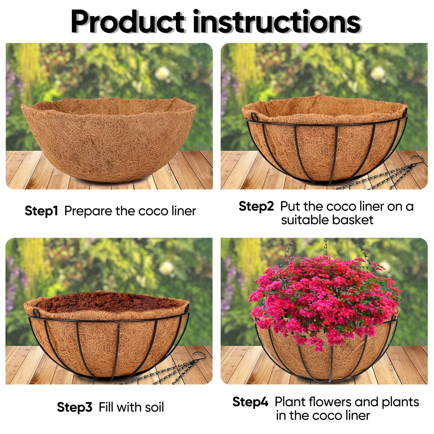 Hanging Basket Planter Plants Outdoor - 4 Pack 14 Inch Metal Hanging Planter with Coco Liners, Chain Hook Hanging Flower Pots for Indoor Outdoor Garden Porch Decoration