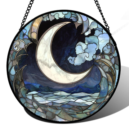 JOSUMALY Stained Glass Window Hanging - Abstract Sea of Clouds Moon Sun Catcher for Door Terrace Garden Home Decor, Gray Blue Suncatcher Birthday Gifts for Lovers Women Men Dad Mom Nana 11.8 in