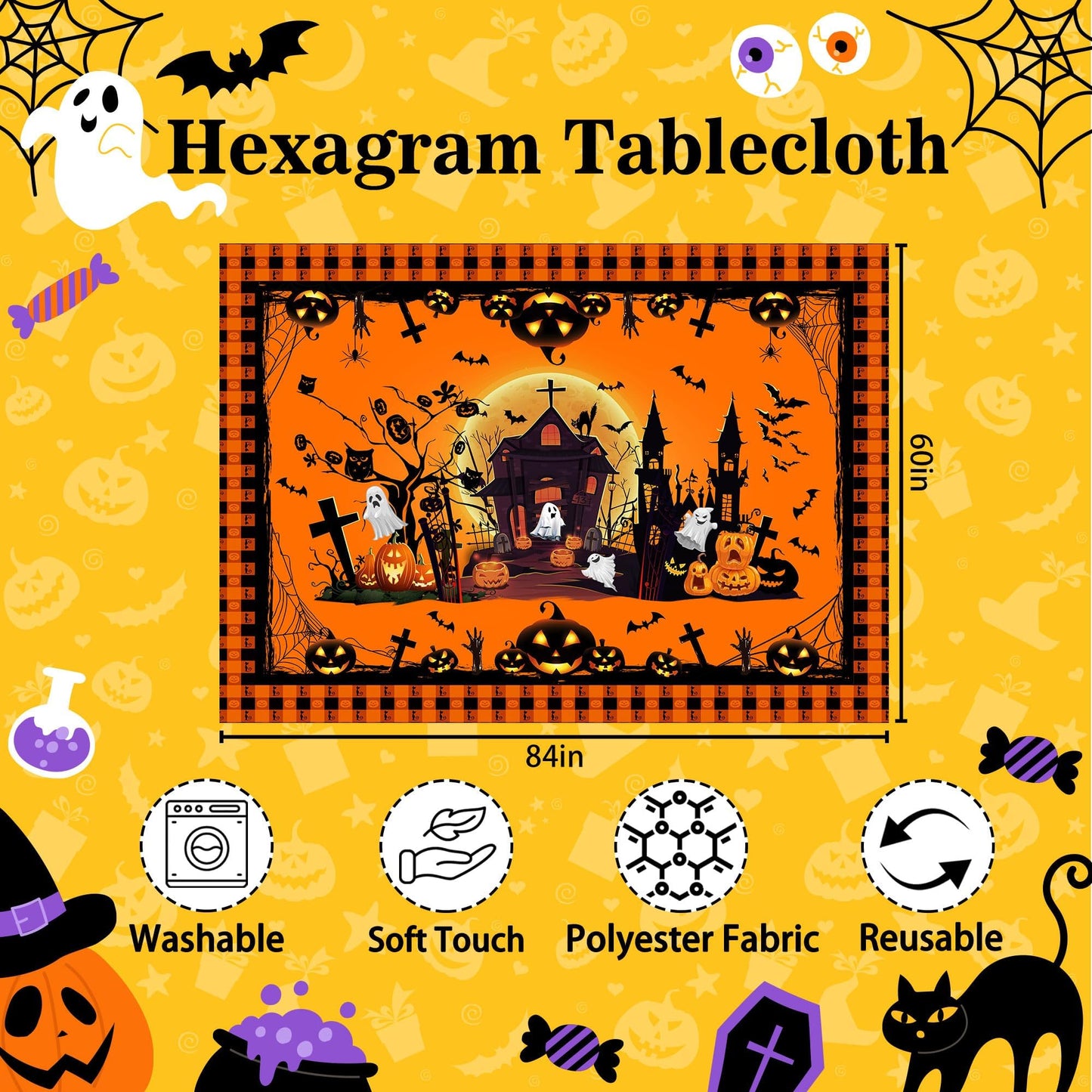 Hexagram Halloween Tablecloth Rectangle 60 x 84 inches, Ghost Pumpkin Plaid Table Cloth, Halloween Decor, Black Castle Tablecloth, Washable Orange Table Cloth for Party Picnic Dinner Decor