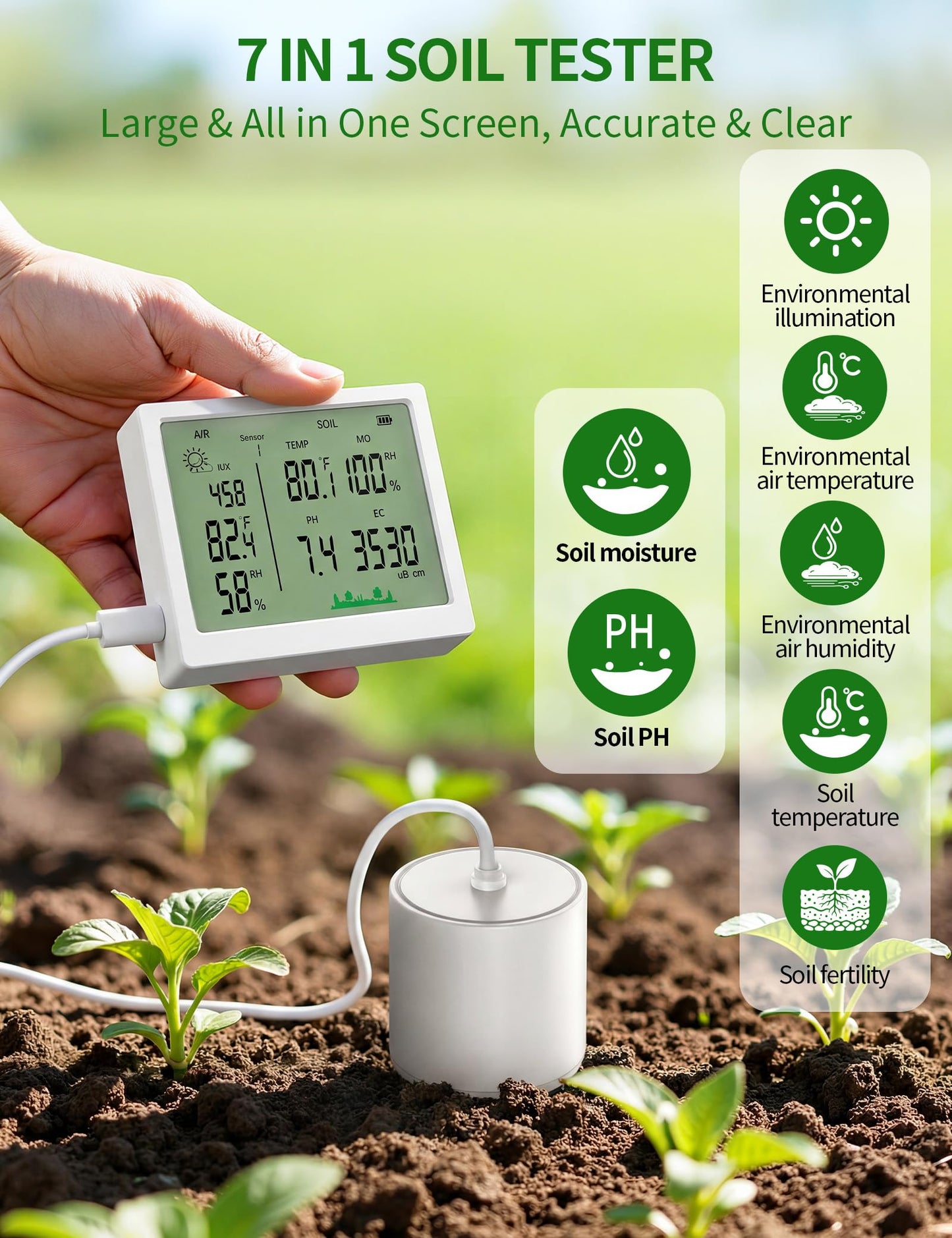 7 in 1 Soil Meter, Digital Soil Test Kit of PH/Sunlight/Fertility/Soil & Air Temp, Humidity Meter for Indoor & Outdoor Plant, Growing Environment Tester with Large LCD Display for Farm, Garden & Lawn