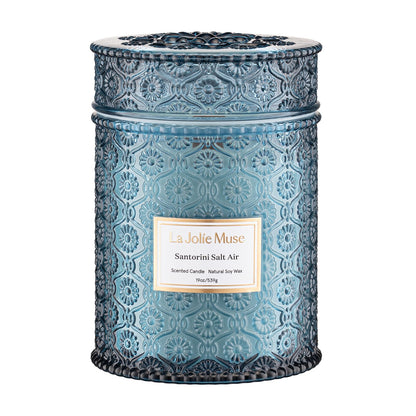 LA JOLIE MUSE Santorini Salt Air Scented Candle for Home | 19 oz Non Toxic Natural Soy | Large Blue Jar Candle | Summer Ocean Candle | Luxury Gifts for Women & Men | Wood Wick