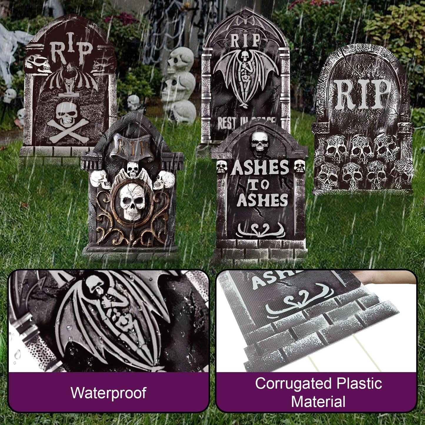 17inch Halloween Tombstones Decorations 5PCS Halloween Graveyard Decoration Outdoor, Plastic Halloween Gravestones Headstone Yard Signs