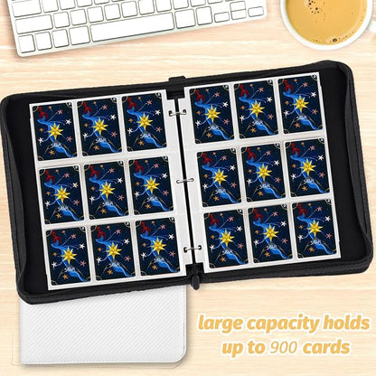 900 Pockets Round Ring Trading Card Binder, 9-Pocket Clear Zipper Card Album with Wrist Strap, Holds 900 Standard TCG & Sports Cards, Not Fit Top Loaders (Carbon White)