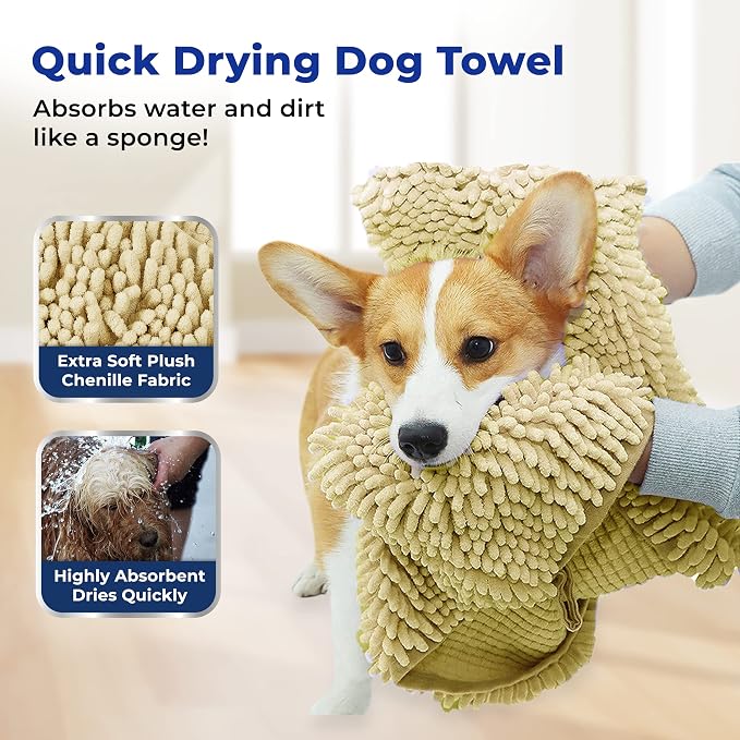 Muddy Mat® Doggy Dryer, Highly Absorbent Microfiber Washable Dog Shammy, Quick Drying Towel Absorber, Extra Soft Plush Wrap Chenille Bath Towels to Dry Soggy Large Pets & Small Puppy - Beige