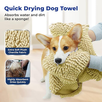 Muddy Mat® Doggy Dryer, Highly Absorbent Microfiber Washable Dog Shammy, Quick Drying Towel Absorber, Extra Soft Plush Wrap Chenille Bath Towels to Dry Soggy Large Pets & Small Puppy - Beige