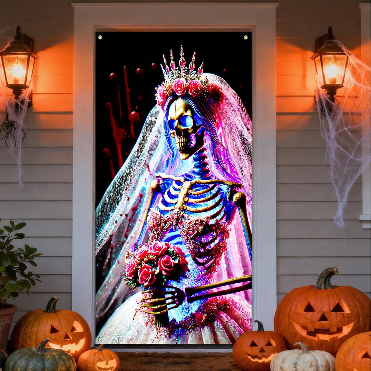 IVN Gothic Bride Skeleton Door Cover 35x71 Inch Dark Wedding Skull Crown Veil Rose Flowers Horror Blood Splatter Backdrop Halloween Front Door Decor Creepy Bridal Banner Scary Party Decoration