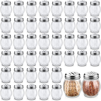 Hotop Glass Spices Shaker with Perforated Top Cheese Shaker with Slotted Stainless Steel Lid Retro Swirl Style Jar Dispensers for Pepper Sugar Spice Home Kitchen Restaurant, 6 oz(48 Pcs)