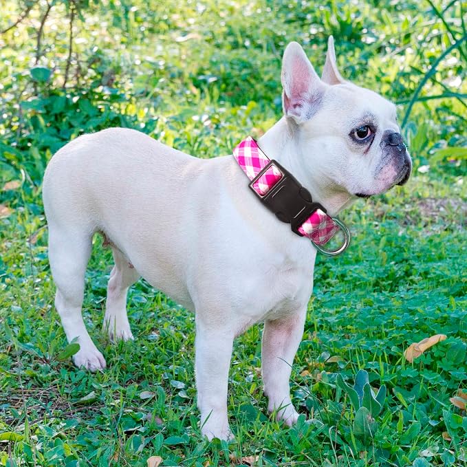 Ladoogo Reflective Dog Collar Padded with Soft Neoprene Breathable Adjustable Nylon Dog Collars for Small Medium Large Dogs (Medium (Pack of 1), Pink Plaid Collar+Leash)