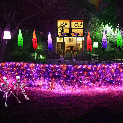Halloween Net Lights, 510 LED Large Outdoor Net Mesh Lights for Bushes 28x5ft, 8 Modes Waterproof Twinkle String Light Connectable for Hedge Yard Decor, Orange and Purple
