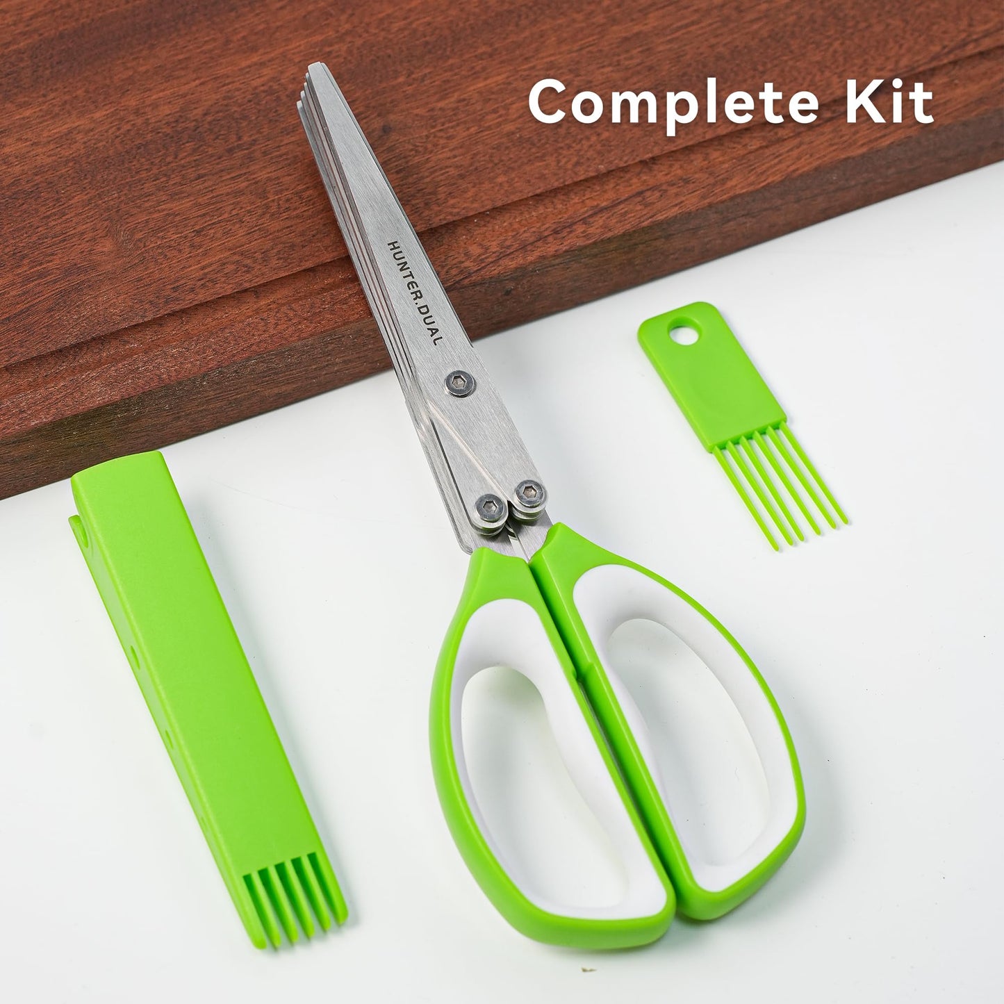 5 Blades Herb Scissors - Professional Kitchen Shears with Safety Cover for Cutting Green Onions, Fresh Herbs, Vegetables & Salad Food Prep, Must-Have Cooking Gadgets (Green, White, 8.7 inch)