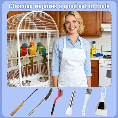 6PCS Bird Cage Cleaning Brush Kit Stainless Bird Cage Cleaner Tools Set Accessories for Small Medium,Large,Tall,Stainless Steel,Parakeet,Budgie,African Grey Parrot,Cockatoo Birds Cages Accessories