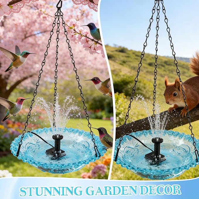 Hanging Bird Bath Fountain, Cascading Outdoor Water Fountain, Hanging Bird Bath with Flowing Water, USB-Powered Water Feature for Garden, Patio, Yard Decor, USB-Powered Single-Layer, Blue