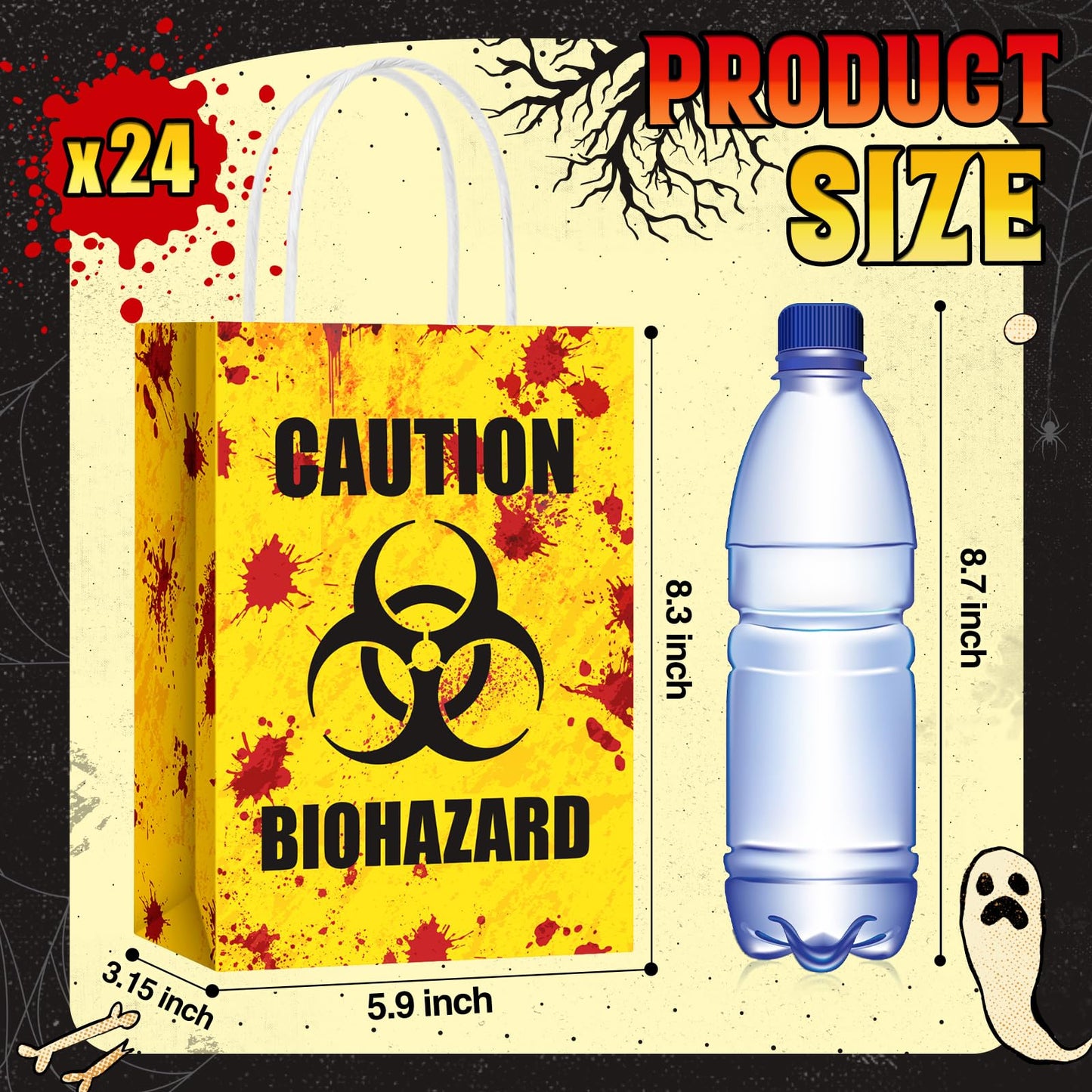 TaoBary 24 Pcs Halloween Biohazard Treat Bags Halloween Paper Gift Bags with Handles Zombie Theme Horror Party Favors for Candy Goodie Snacks Holiday Party Supplies