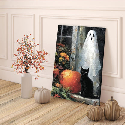 Horror Ghost Canvas Wall Art,Halloween Black Cat Poster Print,Dark Academia Wall Decor For Home Bedroom Living Room 12X18 in Unframed