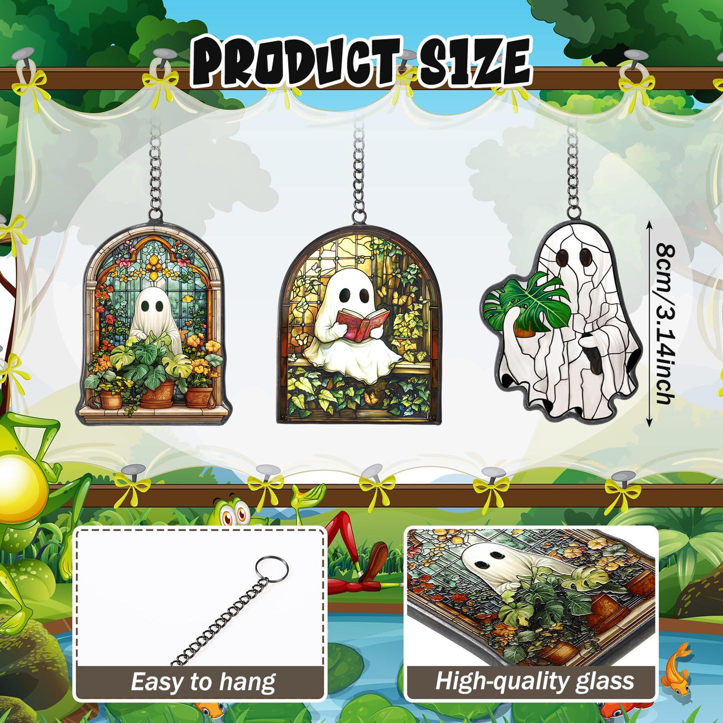 Bucherry 3 Pcs Halloween Ghost Suncatcher Halloween Stained Glass Plant Reading Book Glass Suncatcher Window Hangings Ornaments Cute Ghost Plant Hanging Decor for Home Office Kitchen Living Room Wall