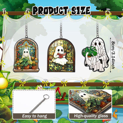 Bucherry 3 Pcs Halloween Ghost Suncatcher Halloween Stained Glass Plant Reading Book Glass Suncatcher Window Hangings Ornaments Cute Ghost Plant Hanging Decor for Home Office Kitchen Living Room Wall