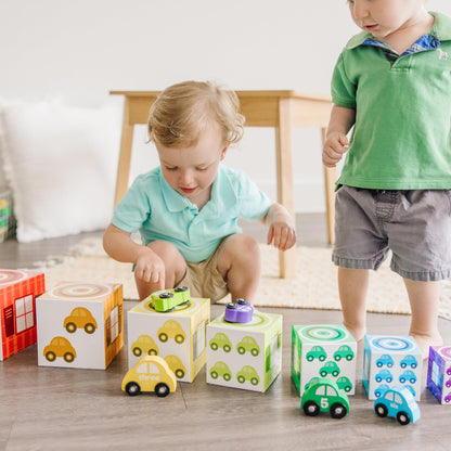 Melissa & Doug Nesting and Sorting Garages and Cars with 7 Graduated Garages and 7 Stackable Wooden Cars - FSC Certified