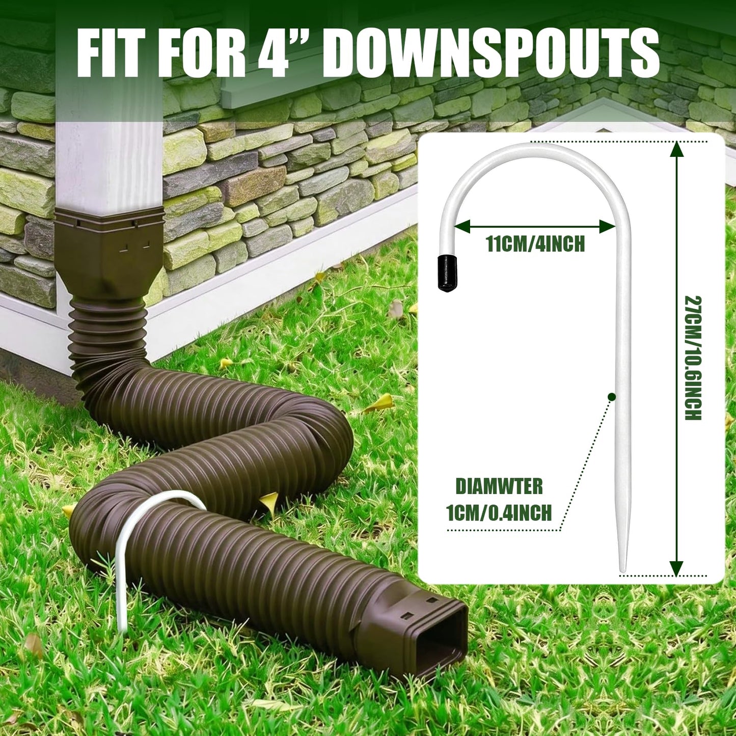 Chiliqi 4 Pack Rain Gutter Downspout Extension Fixing Pin, U-Shape Downspout Anchor Stake Fit 4" Round Downspout Extensions, Easy to Install for Efficient Rainwater Management (White-4 Pack)