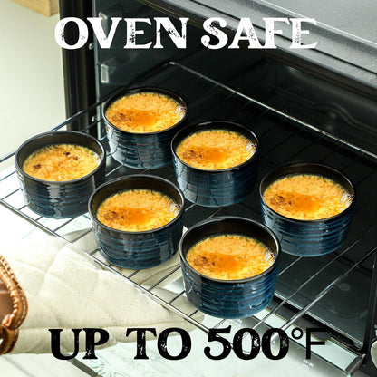 Glowworm Ceramic 4 Oz Ramekins, Dipping Sauce Bowls Set of 6, Creme Brulee Dish for Baking Pudding, Souffle, Serving Dip, Custard, Ice Cream, Oven Safe, Blue